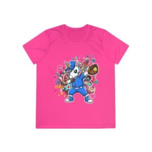 ladies softball unicorn moisture wicking shirt — dabbing unicorn with glove for