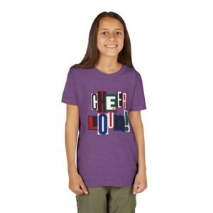 cheer loud! graphic tee — bold retro scrapbooking style shirt in youth sizes