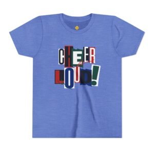 cheer loud! graphic tee — bold retro scrapbooking style shirt in youth sizes