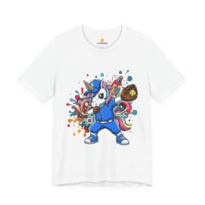 dabbing unicorn softball tee — colorful sports fun graphic t shirt