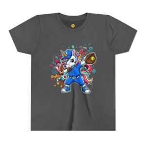 dabbing unicorn softball tee — colorful sports fun graphic t shirt