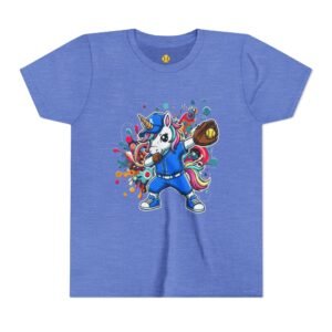 dabbing unicorn softball tee — colorful sports fun graphic t shirt
