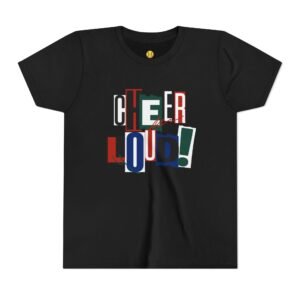 cheer loud! graphic tee — bold retro scrapbooking style shirt in youth sizes
