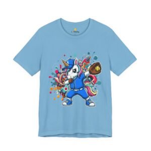 dabbing unicorn softball tee — colorful sports fun graphic t shirt
