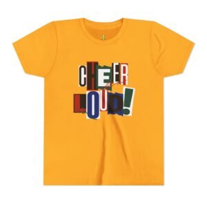 cheer loud! graphic tee — bold retro scrapbooking style shirt in youth sizes