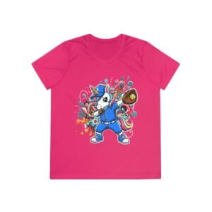 ladies softball unicorn moisture wicking shirt — dabbing unicorn with glove for