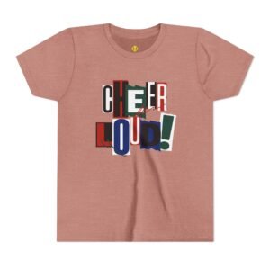 cheer loud! graphic tee — bold retro scrapbooking style shirt in youth sizes
