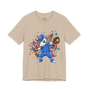 dabbing unicorn softball tee — colorful sports fun graphic t shirt