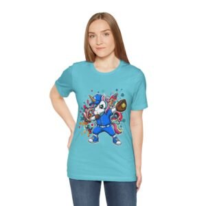 dabbing unicorn softball tee — colorful sports fun graphic t shirt