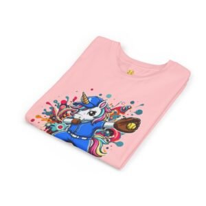 dabbing unicorn softball tee — colorful sports fun graphic t shirt