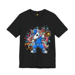 dabbing unicorn softball tee — colorful sports fun graphic t shirt