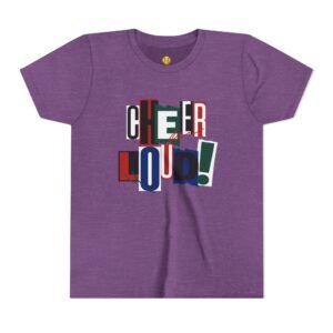 cheer loud! graphic tee — bold retro scrapbooking style shirt in youth sizes