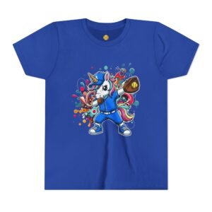 dabbing unicorn softball tee — colorful sports fun graphic t shirt