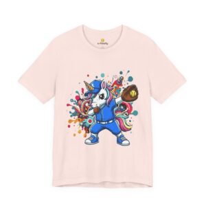 dabbing unicorn softball tee — colorful sports fun graphic t shirt