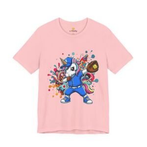 dabbing unicorn softball tee — colorful sports fun graphic t shirt
