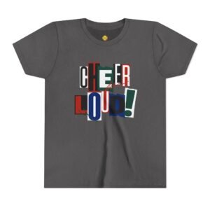 cheer loud! graphic tee — bold retro scrapbooking style shirt in youth sizes