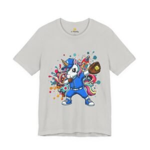 dabbing unicorn softball tee — colorful sports fun graphic t shirt