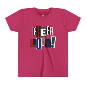 cheer loud! graphic tee — bold retro scrapbooking style shirt in youth sizes