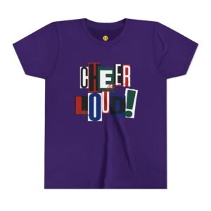 cheer loud! graphic tee — bold retro scrapbooking style shirt in youth sizes
