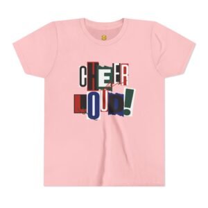 cheer loud! graphic tee — bold retro scrapbooking style shirt in youth sizes