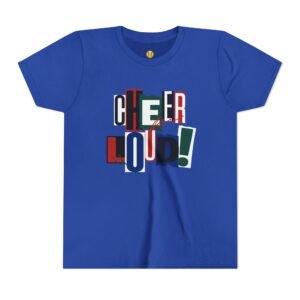 cheer loud! graphic tee — bold retro scrapbooking style shirt in youth sizes