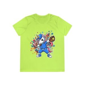 ladies softball unicorn moisture wicking shirt — dabbing unicorn with glove for