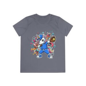 ladies softball unicorn moisture wicking shirt — dabbing unicorn with glove for