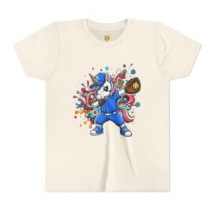 dabbing unicorn softball tee — colorful sports fun graphic t shirt