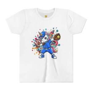 dabbing unicorn softball tee — colorful sports fun graphic t shirt