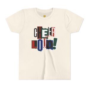 cheer loud! graphic tee — bold retro scrapbooking style shirt in youth sizes