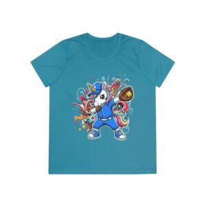 ladies softball unicorn moisture wicking shirt — dabbing unicorn with glove for