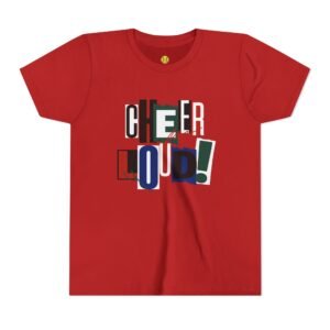 cheer loud! graphic tee — bold retro scrapbooking style shirt in youth sizes