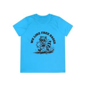 moisture wicking softball playing raccoon tee we like free bases