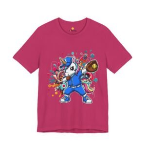 dabbing unicorn softball tee — colorful sports fun graphic t shirt