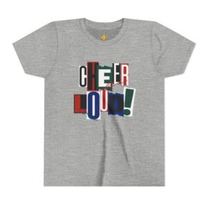 cheer loud! graphic tee — bold retro scrapbooking style shirt in youth sizes