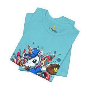 dabbing unicorn softball tee — colorful sports fun graphic t shirt