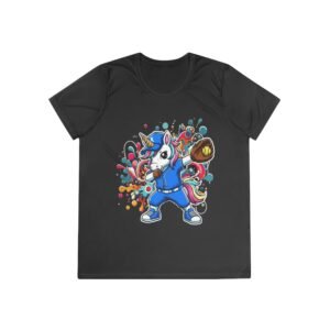 ladies softball unicorn moisture wicking shirt — dabbing unicorn with glove for