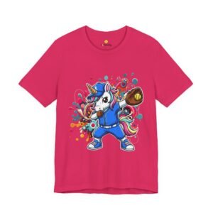 dabbing unicorn softball tee — colorful sports fun graphic t shirt