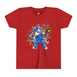 dabbing unicorn softball tee — colorful sports fun graphic t shirt