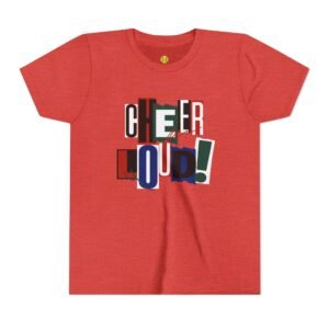 cheer loud! graphic tee — bold retro scrapbooking style shirt in youth sizes