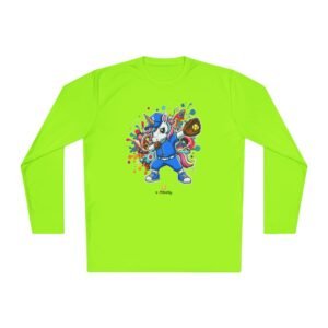 softball unicorn moisture wicking long sleeve shirt in unisex sizes — dabbing unicorn with softball glove