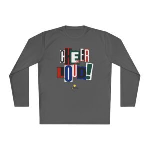 cheer loud! long sleeve moisture wicking tee shirt in unisex sizes – bold retro scrapbooking style design