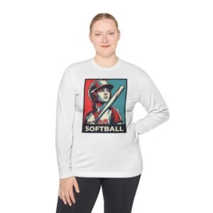 women’s softball player moisture wicking t shirt — vintage “softball” batter design in unisex sizes