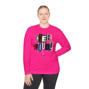 cheer loud! long sleeve moisture wicking tee shirt in unisex sizes – bold retro scrapbooking style design