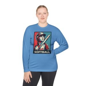 women’s softball player moisture wicking t shirt — vintage “softball” batter design in unisex sizes