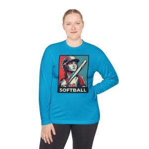 women’s softball player moisture wicking t shirt — vintage “softball” batter design in unisex sizes