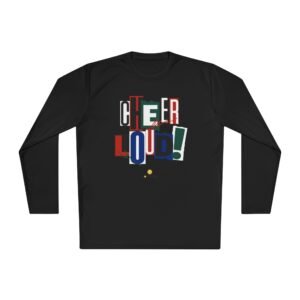 cheer loud! long sleeve moisture wicking tee shirt in unisex sizes – bold retro scrapbooking style design