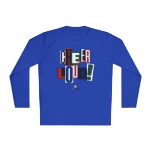 cheer loud! long sleeve moisture wicking tee shirt in unisex sizes – bold retro scrapbooking style design