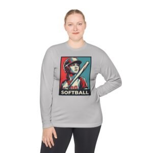 women’s softball player moisture wicking t shirt — vintage “softball” batter design in unisex sizes