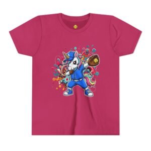 dabbing unicorn softball tee — colorful sports fun graphic t shirt in youth sizes